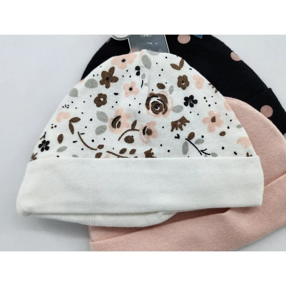 Gerber Baby Girl 3-Piece‎ Organic Pink/Black Princess Caps Size Newborn